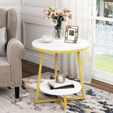 2 Tier Faux White Marble Side Table with with Golden Finish Storage Shelf - Decor Mantra