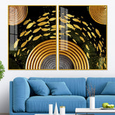 Golden Fishes Acrylic Floating Wall Painting Set of 2 - Decor Mantra