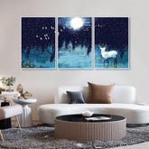Beautiful White Deer in Full Moon Night Floating Canvas Wall Painting Set of Three - Decor Mantra