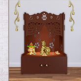 Beautiful Flower Design Pattern Floor Temple with Spacious Wooden Shelf & Inbuilt Focus Light- Brown Finish - Decor Mantra