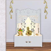 Beautiful Flower Design Pattern Floor Temple with Spacious Wooden Shelf & Inbuilt Focus Light- White Finish - Decor Mantra