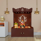 Beautiful Lotus Pattern Floor Temple with Spacious Wooden Shelf & Inbuilt Focus Light- Brown Finish - Decor Mantra