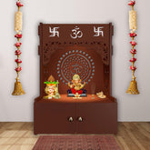Designer Om Chakra Floor Temple with Spacious Wooden Shelf & Inbuilt Focus Light- Brown Finish - Decor Mantra