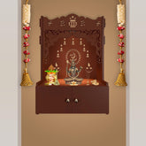 Designer Holy Symbol Om Brown Wood Temple with Inbuilt Focus Light & Spacious Shelf - Decor Mantra