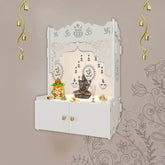 Designer Holy Symbol Om White Wood Temple with Inbuilt Focus Light & Spacious Shelf - Decor Mantra