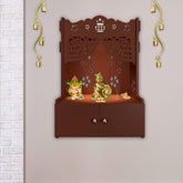 Swastika Kalash Symbol of Hindu Religious Brown Wooden Wall Temple for Home With Inbuilt focus Lights & Spacious Shelf - Decor Mantra