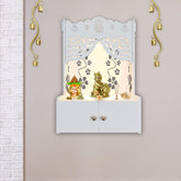 Swastika Kalash Symbol of Hindu Religious White Wooden Wall Temple for Home With Inbuilt focus Lights & Spacious Shelf - Decor Mantra