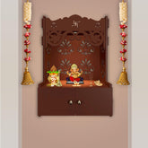 Shubh Labh Symbol of Hindu Religious Brown Wooden Wall Temple for Home With Inbuilt focus Lights & Spacious Shelf - Decor Mantra