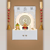 Designer Om Chakra White Wood Temple with Inbuilt Focus Light & Spacious Shelf - Decor Mantra