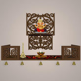 Aesthetic Pattern Designer Square Shaped Wall Hanging Wooden Temple/ Pooja Mandir Design with Shelf, Brown Color - Decor Mantra