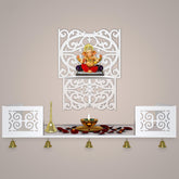 Aesthetic Pattern Designer Square Shaped Wall Hanging Wooden Temple/ Pooja Mandir Design with Shelf, White Color - Decor Mantra