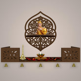 Intricate Jali Designer Shaped Wall Hanging Wooden Temple/ Pooja Mandir Design with Shelf, Brown Color - Decor Mantra