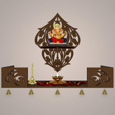 Beautiful Flower Art Designer Wall Hanging Wooden Temple/ Pooja Mandir Design with Shelf, Brown Color - Decor Mantra