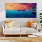 Beautiful Boat in The Ocean at Sunset Premium Canvas Wall Painting