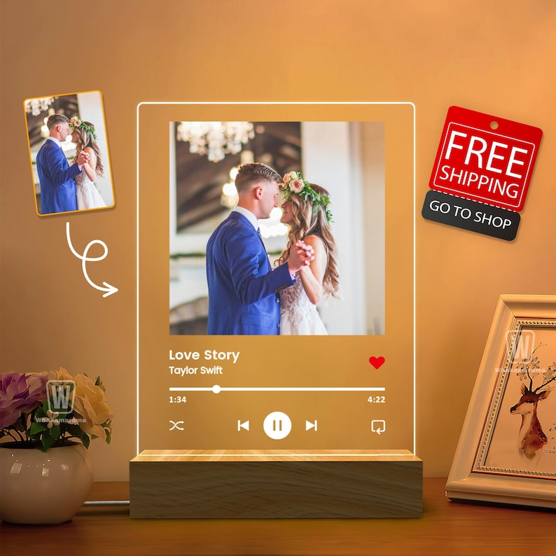 Custom Photo Music Plaque, Personalized Photo Frame, Album Cover Song Plaque, Music Photo Name Night Lamp, Anniversary Gifts, Gift for Her