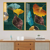 Colorful Golden Lines Leaves Acrylic Floating Wall Painting Set of 2 - Decor Mantra