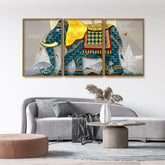 Classic and Royal Elephant with Golden Tusks Floating Canvas Wall Painting Set of Three - Decor Mantra