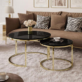 Round Black Marble Coffee Tables with Iron Bases, Set of 2 - Decor Mantra