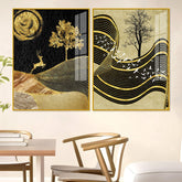 Wavy Golden Lines Mountains Premium Acrylic Floating Wall Painting Set Of 2 - Decor Mantra