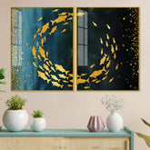 Group of Golden Fishes Acrylic Floating Wall Painting Set of 2 - Decor Mantra