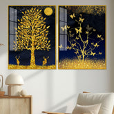 Abstract Golden Shiny Leaves Acrylic Floating Wall Painting Set Of 2 - Decor Mantra