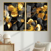 Beautiful Golden Flower Premium Acrylic Floating Wall Painting Set Of 2 - Decor Mantra