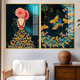 Dress of Golden Butterflies Acrylic Floating Wall Painting Set of 2 - Decor Mantra