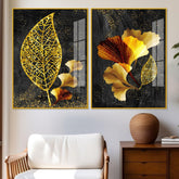 Abstract Golden Shiny Ginkgo Leaf Acrylic Floating Wall Painting Set Of 2 - Decor Mantra