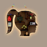 Girl Backlit Designer Wooden Wall Shelf / Book Shelf / Night Light, Walnut Finish - Decor Mantra