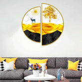 Golden Trees, Mountains, Semi Circle Canvas Wall Art & Paintings Decor Mantra