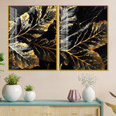 Beautiful Leaf Golden Textural Art Acrylic Floating Wall Painting Set Of 2 - Decor Mantra