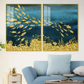 Beautiful Ocean View of Golden Fish Pattern Acrylic Floating Wall Painting Set Of 2 - Decor Mantra