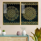 Golden Mandala Pattern Acrylic Floating Wall Painting Set of 2 - Decor Mantra