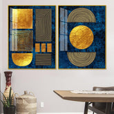 Line Art Golden Shapes Acrylic Floating Wall Painting Set Of 2 - Decor Mantra