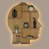 Man Backlit Designer Wooden Wall Shelf / Book Shelf, Light Oak Finish - Decor Mantra