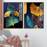 Beautiful Golden Leaves Acrylic Floating Wall Painting Set of 2 - Decor Mantra