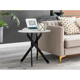 Marble Effect Round Side Table with Glass Top and Metal Legs - Decor Mantra