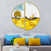 Semi Circle Golden Trees With Mountains And Deer Wall Paintings & Arts Decor Mantra
