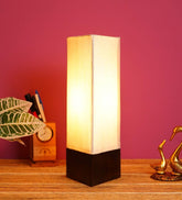 Wooden Base Table Lamp with Sloping Beige Fabric Shade - Decor Mantra
