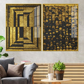 Golden Abstract Artistic Shapes Art Acrylic Floating Wall Painting Set Of 2 - Decor Mantra