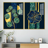 Blue Flower and Green Plant Acrylic Floating Wall Painting Set of 2 - Decor Mantra