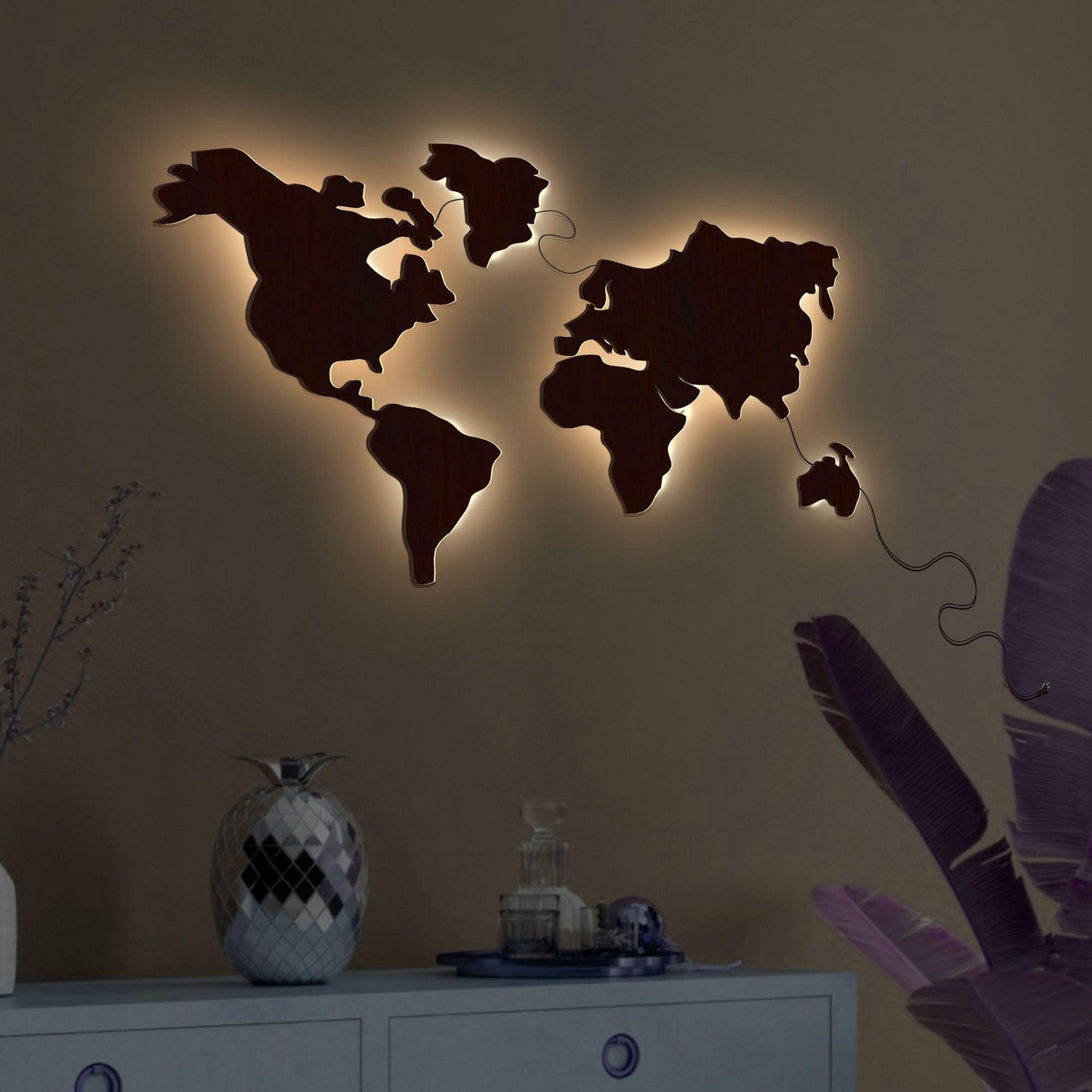 World Map Backlit Wooden Wall Decor with LED Night Light Walnut Finish - Decor Mantra