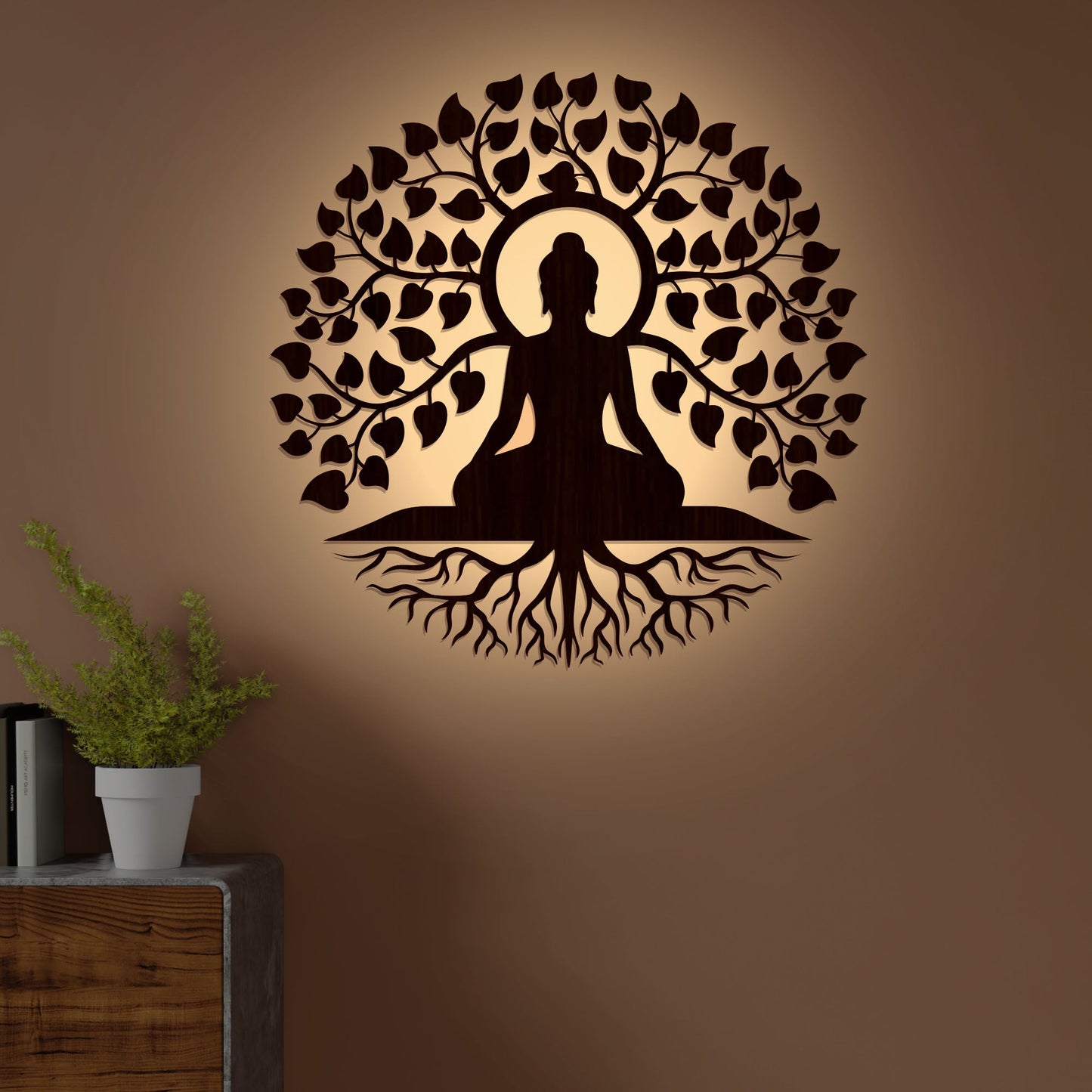 Meditating Lord Buddha Art Backlit Wooden Wall Hanging with LED Night Light Walnut Finish - Decor Mantra