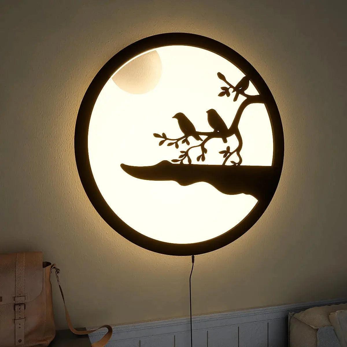 Chirping Birds Rounded Backlit Wooden Wall Decor with LED Night Light - Decor Mantra