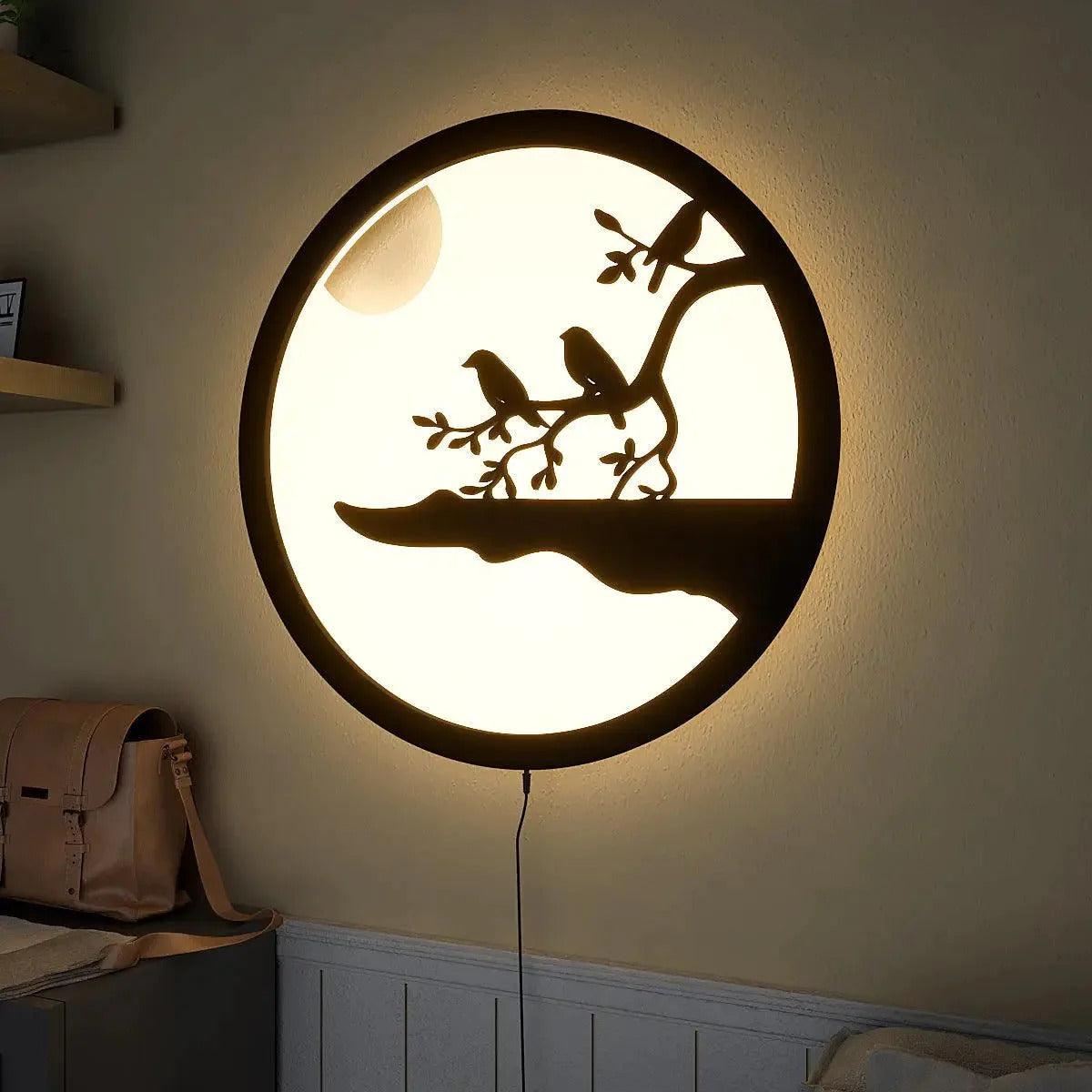Chirping Birds Rounded Backlit Wooden Wall Decor with LED Night Light - Decor Mantra