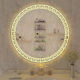 Beautiful Greek Key Motif Design LED Round Shape Bathroom Mirror - Decor Mantra