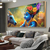 Little Krishna and Cheerful Cow Premium Acrylic Horizontal Wall Art - Decor Mantra