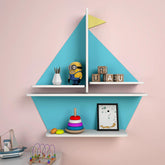 Designer Boat Shaped Blue Wooden Wall Shelf for Kids - Decor Mantra