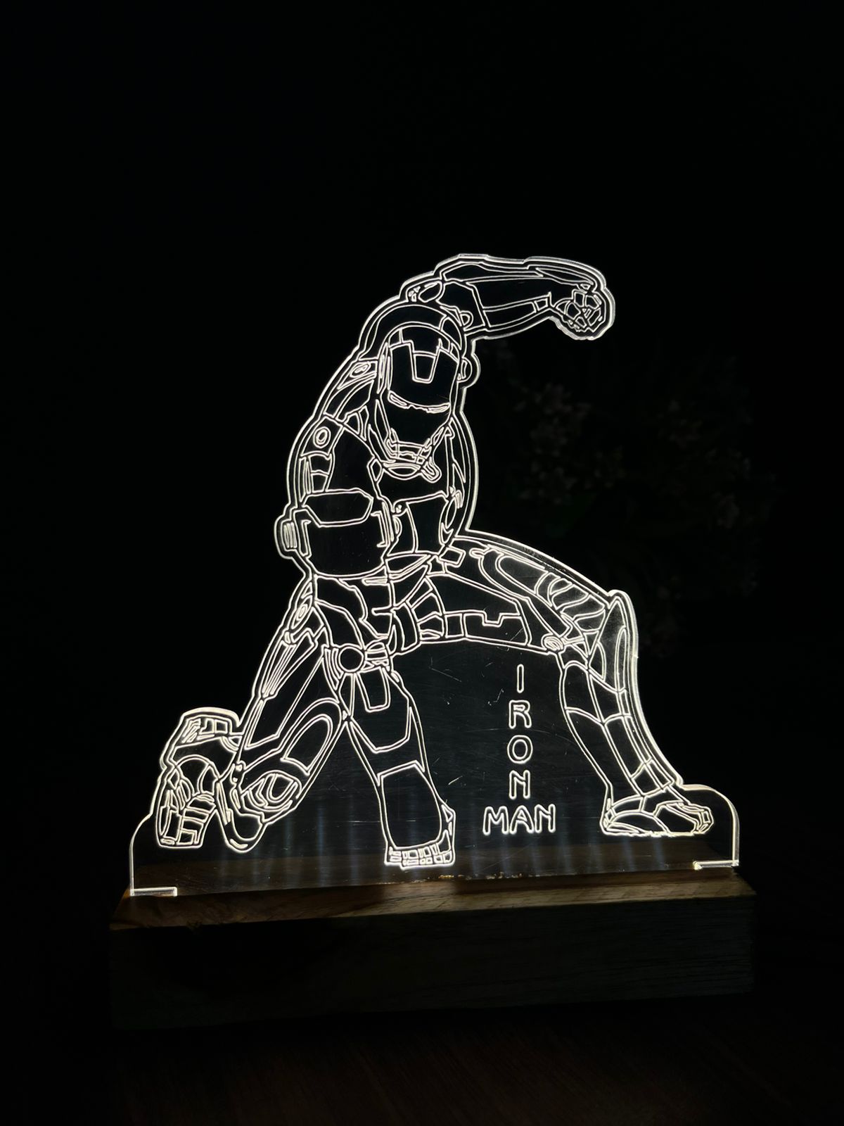 3D Illusion Iron Man Night Lamp – Acrylic LED Light with Wooden Base