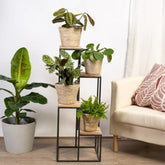 Black Metal Planter Stand with Premium Brown Wooden Shelves- 4 Tier - Decor Mantra